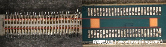 把板對板連接器與其電路板的佈線焊墊作一個比較，端子的切斷面有毛邊的地方剛好對到了裸銅區(qū)。