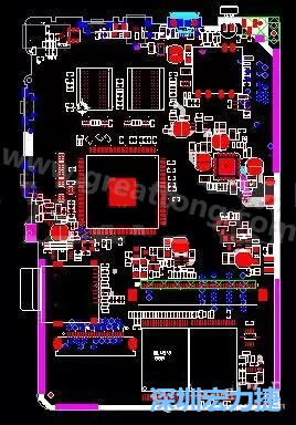 上圖是一個開發(fā)板的PCB，從布局中可以看出各個接口電路分離很明確，SDRAM和DDR以及SD卡接口電路等走線不會造成相互的干擾。-深圳宏力捷