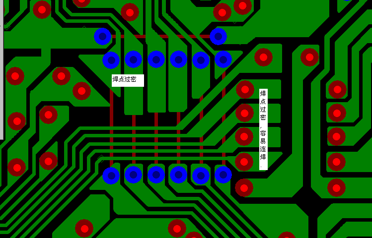 PCB設計焊點過密，易造成波峰連焊，焊點間漏電