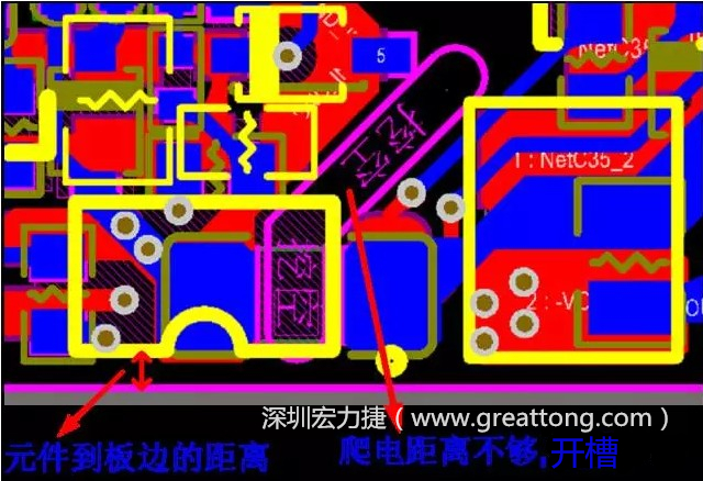 如果碰到模塊PCB空間有限，爬電距離不夠，可以采用開槽的方式