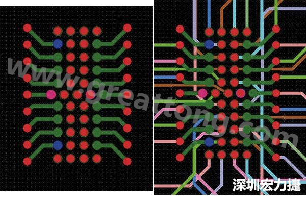 圖7：焊盤內(nèi)過孔用于內(nèi)部，而外部接腳在0.5mm閘格上扇出。圖7a顯示的是頂層(左)；圖7b顯示頂層和內(nèi)部布線層(右)。