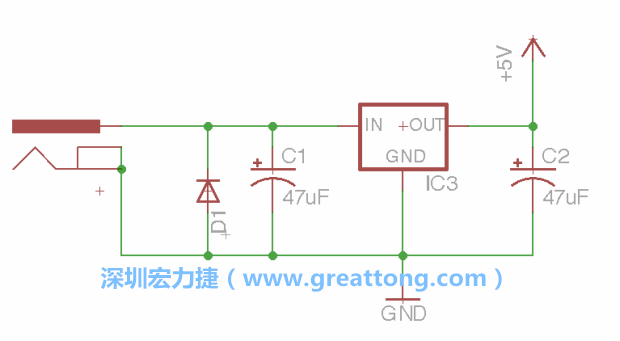 新增RBBB→Power_Jack，將它放在電壓調(diào)整器的輸入端旁邊。