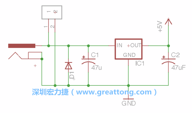 2.5.    新增一個(gè)二極體，它會(huì)以水平的狀態(tài)出現(xiàn)在屏幕上，請(qǐng)使用「旋轉(zhuǎn)（Rotate）」工具把它負(fù)極那一面朝上，并且用「網(wǎng)絡(luò)連接」工具將它連接在電壓調(diào)整器的輸入端和接地端之間。