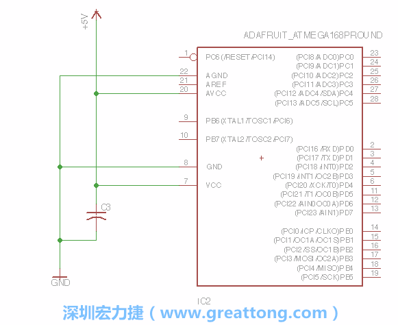 3.1.    新增微控制器晶片（RBBB → ATmega），把它放在電路原理圖的中央附近，把它的兩個(gè)接地接頭連接到接地訊號(hào)端。