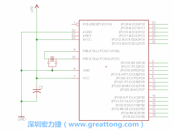 3.2.    在靠近ATmega的電源供應(yīng)針腳7的位置放置一個(gè)0.1μF的電容，將它分別連接電源、接地端和針腳7。