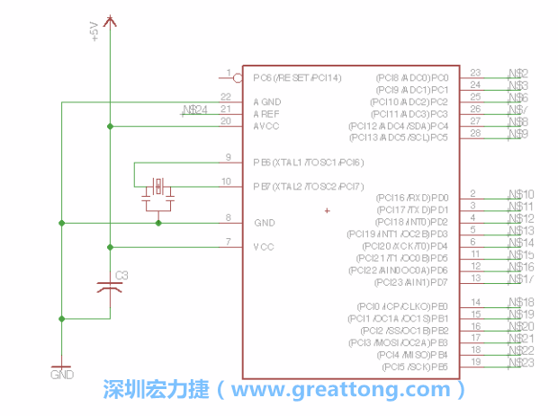 3.3.    將共鳴器（resonator）放置在針腳9和針腳10附近，將它的三個(gè)針腳連接如圖所示，并確認(rèn)最中間的針腳有連到接地端。