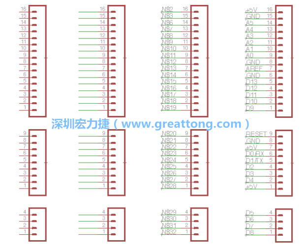 3.5.    你會(huì)發(fā)現(xiàn)EAGLE會(huì)給每條信號(hào)線都內(nèi)建一個(gè)標(biāo)簽，例如：N$2?，F(xiàn)在請(qǐng)使用「命名（Name）」工具來為這些信號(hào)線重新命名，并使它們符合ATmega的針腳名稱。