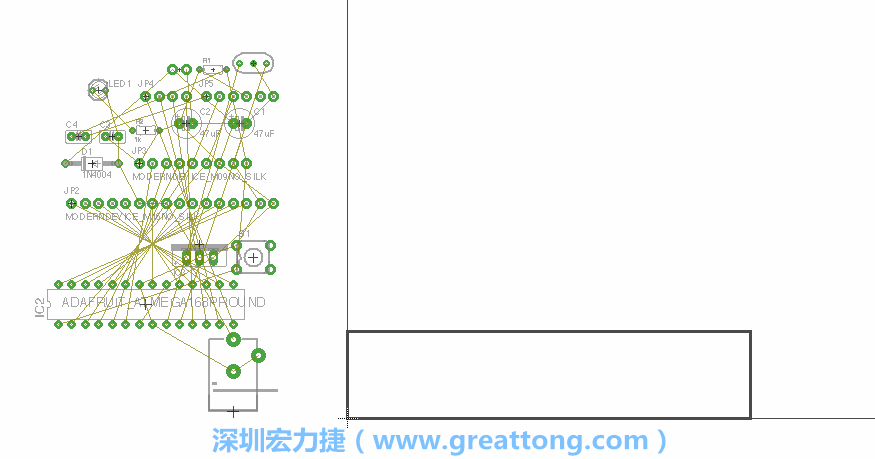 第一次執(zhí)行布線編輯器時(shí)，你會(huì)發(fā)現(xiàn)有兩個(gè)區(qū)塊，左邊的區(qū)塊非?；靵y，而右邊的區(qū)塊則是一個(gè)長(zhǎng)方形的工作區(qū)域，EAGLE免費(fèi)版會(huì)限制你的工作區(qū)域在4” x 3.2”的范圍內(nèi)，如果你試圖將元件擺放在工作區(qū)外的話，就會(huì)跳出警示訊息。