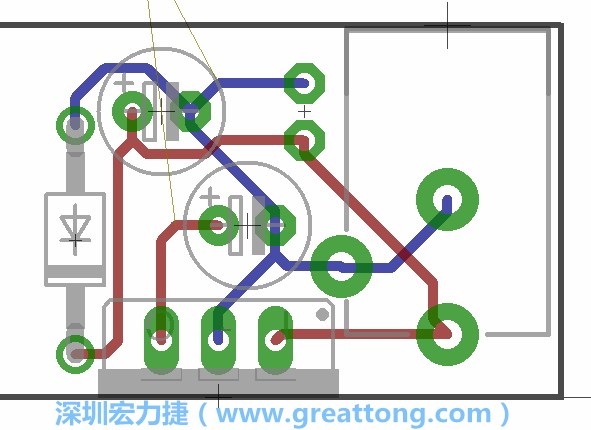 接地連結(jié)點(diǎn)的布線情形如下圖所示，利用這個(gè)練習(xí)來(lái)避免電路連線銳角化的產(chǎn)生是一個(gè)不錯(cuò)的選擇，你可以在工具列中的彎曲線路（Wire Bend）選項(xiàng)里改變各種布線的變化。