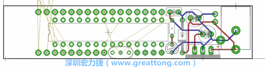 將ATmega微控制器、三個(gè)GPIO排針（JP2, JP3, JP4）和諧振器（resonator）排置如上圖所示。