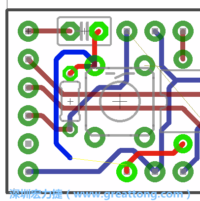 要在電路板正面進(jìn)行+5V信號(hào)線連結(jié)和其他連結(jié)點(diǎn)的布線工作是非常容易的，而重置信號(hào)線（信號(hào)線用來(lái)連結(jié)電路板正面左邊的重置開(kāi)關(guān)）需要經(jīng)過(guò)一個(gè)可以通過(guò)電路板正反兩面的電路通道，這個(gè)通道是一個(gè)可以讓電路板正反兩面線路連接的一個(gè)小孔。