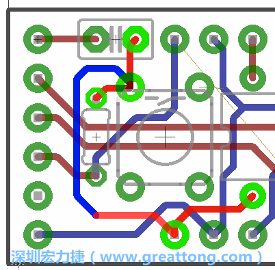 為了要?jiǎng)?chuàng)造一個(gè)電路通道，首先要先點(diǎn)擊重置開(kāi)關(guān)的連結(jié)點(diǎn)進(jìn)行布線，在電路板的背面繪制線路直到其它線路前的乾淨(jìng)區(qū)域。