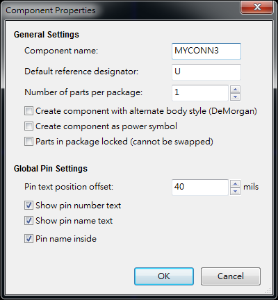 按下工具  "Create a new component"， 出現(xiàn)底下畫面， 按下OK后， 產(chǎn)生MYCONN3/U? 文字重迭在一在， 把它們分開(kāi)(用mouse選擇并按下"M"， 即可移動(dòng))